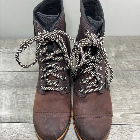 Sorel LL5329 PDX Wedge Women’s Brown Leather & Canvas Booties Boots Size 8.5 - Picture 3 of 10